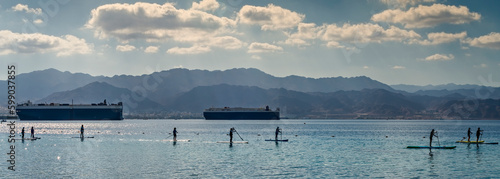 Water sport activities with kayaks, coastal area of the Red Sea near Eilat - ...