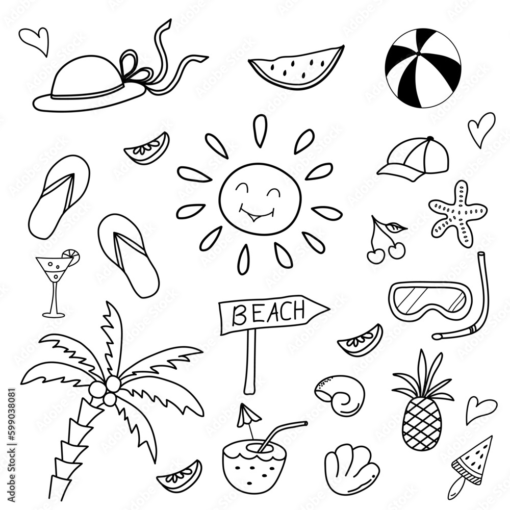 Set of summer doodle icons. Cute hand drawn summer elements. Line art