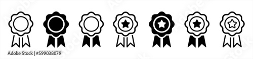 Badge with ribbons icon. Winning award, prize, medal or badge simple black style symbol sign for apps and website, vector illustration.