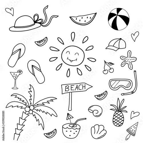Set of summer doodle icons. Cute hand drawn summer elements. Line art. Beach, tropical palm tree, fruits, cold food and drinks. Summertime concept. Beach accessories. 

