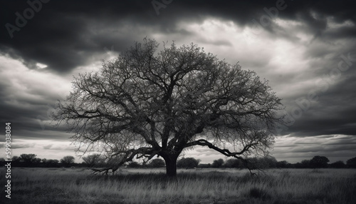 Silhouette of tree against moody sky generated by AI