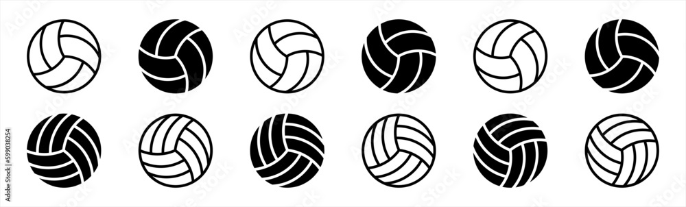 Volleyball icon set in line style. Volley ball simple black style symbol sign for sports apps and website, vector illustration. - obrazy, fototapety, plakaty 