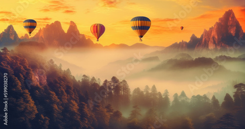 Colorful hot air balloons. Illustration AI Generative