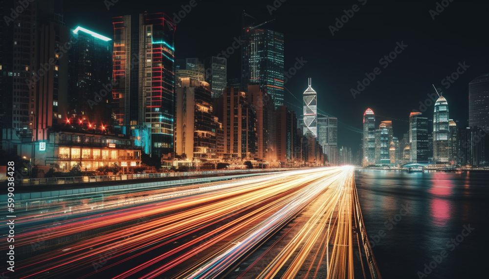Fototapeta premium Glowing city skyline ignites vibrant night traffic generated by AI