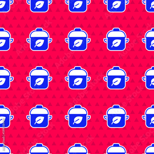 Blue Vegan food diet icon isolated seamless pattern on red background. Organic, bio, eco symbol. Vegan, no meat, lactose free, healthy, fresh and nonviolent food. Vector
