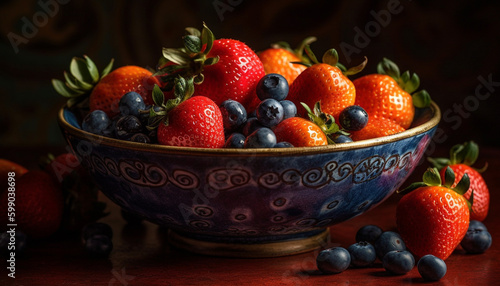 Ripe berry fruit bowl on rustic wooden table generated by AI