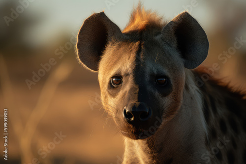 hyena looking at camera, beautiful background, savannah background, ai generated.