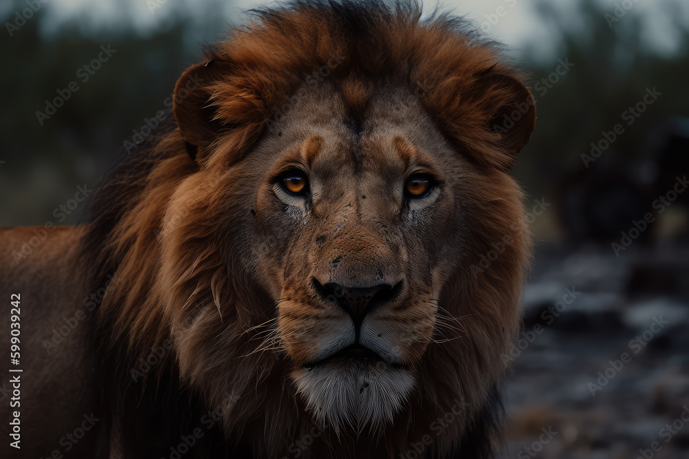 lion looking at the camera, beautiful background, savannah background, ai generated.