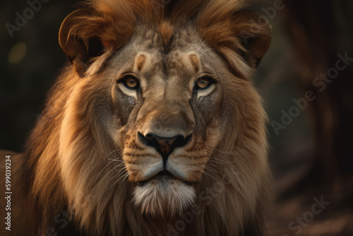 lion looking at the camera  beautiful background  savannah background  ai generated.
