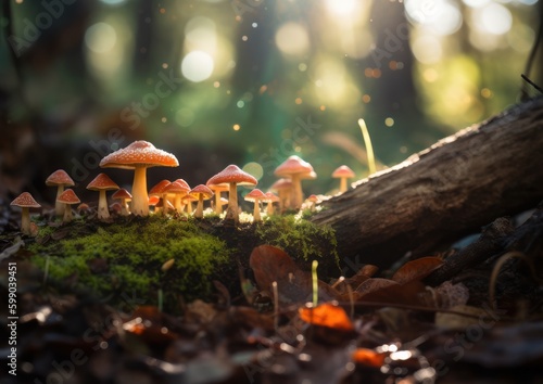  A Macro View of Mushrooms in the Rainy Forest. Generative AI.