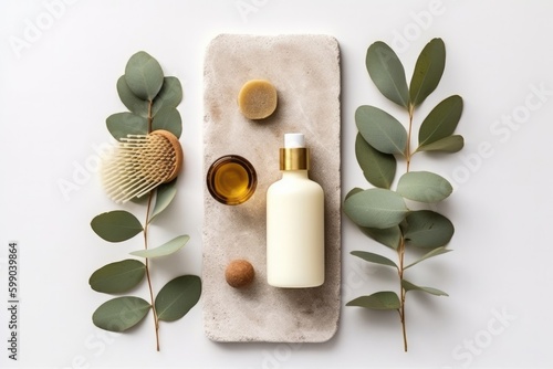 Eucalyptus oil, brush and bottle of natural oils on white background design. Generative AI
