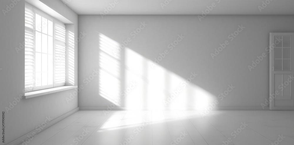 Shadows of a white window in an empty room. Minimalist background. Generative AI Shadows of a white window in an empty room. Minimalist background. Generative AI