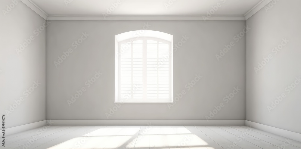 Fototapeta premium Shadows of a white window in an empty room. Minimalist background. Generative AI