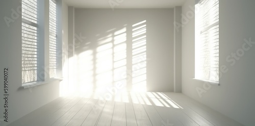 Shadows of a white window in an empty room. Minimalist background. Generative AI