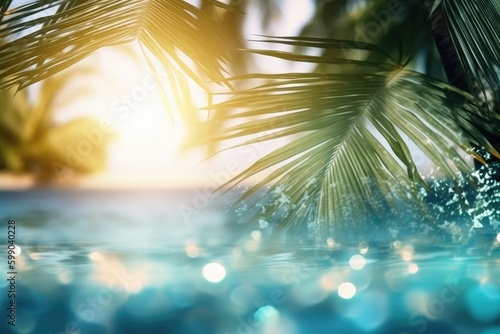 Summer tropical beach background with palm leaves, sparkling water reflections. Generative AI