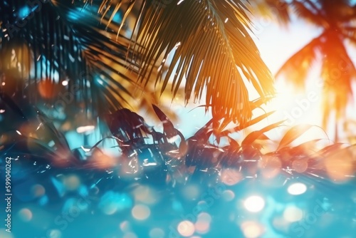 Summer tropical beach background with palm leaves, sparkling water reflections. Generative AI