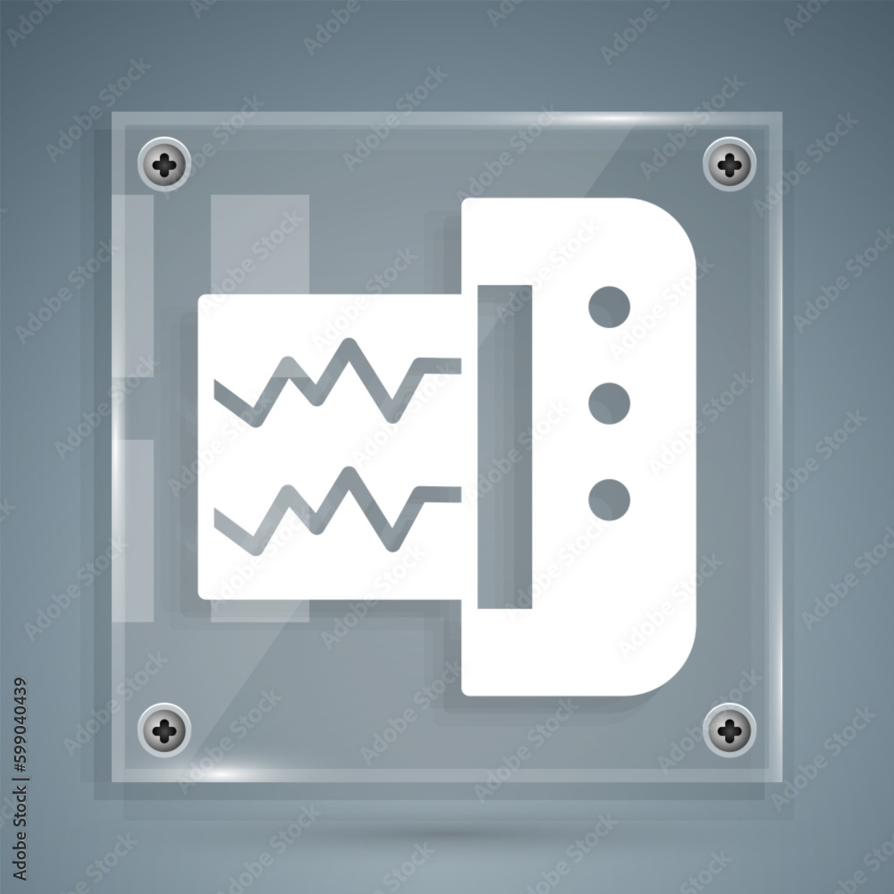 White Seismograph icon isolated on grey background. Earthquake analog seismograph. Square glass panels. Vector White Seismograph icon isolated on grey background. Earthquake analog seismograph. Square glass panels. Vector