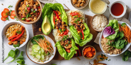 Healthy lunch table scene with nutritious lettuce wraps  Buddha bowl  vegetables and salad. Generative AI.