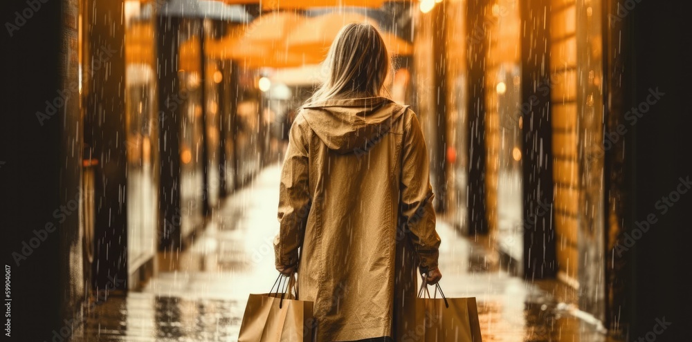 Woman with shopping bags walking on street. Generative AI Woman with shopping bags walking on street. Generative AI