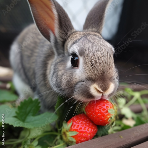 Adorable Netherland dwarf rabbit eating strawberries