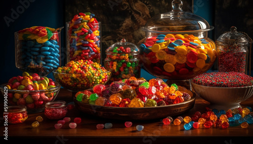 Abundance of colorful candy in Halloween bowl generated by AI