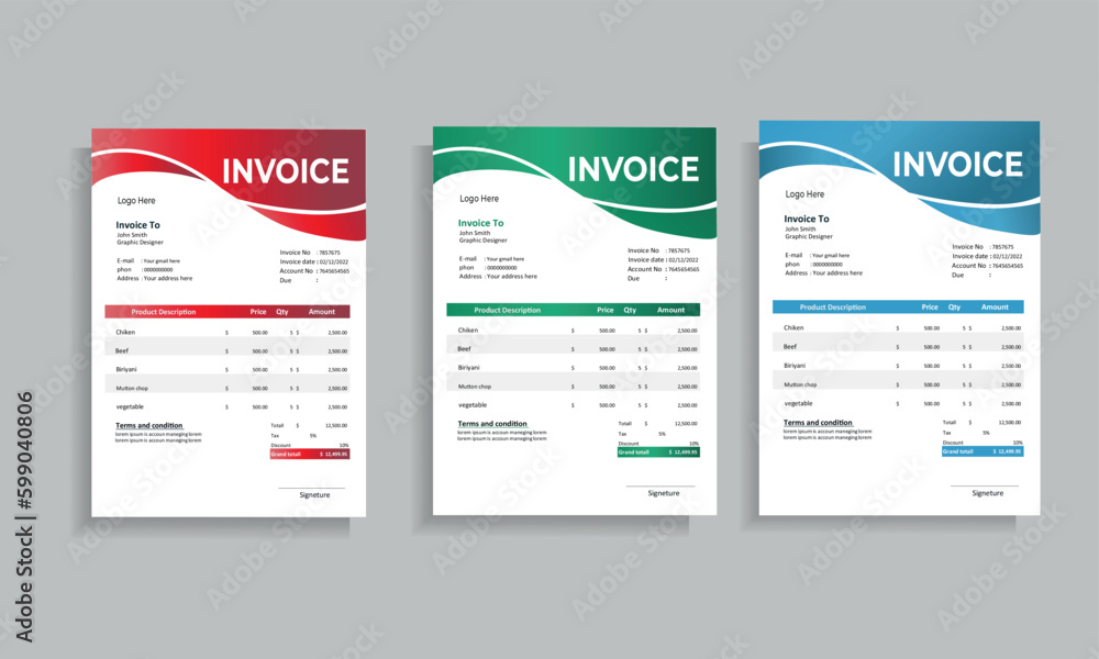 Invoices templates. Price receipt, payment agreement and invoice bill template. Business sales pricing invoices, accounting or bill receipt.