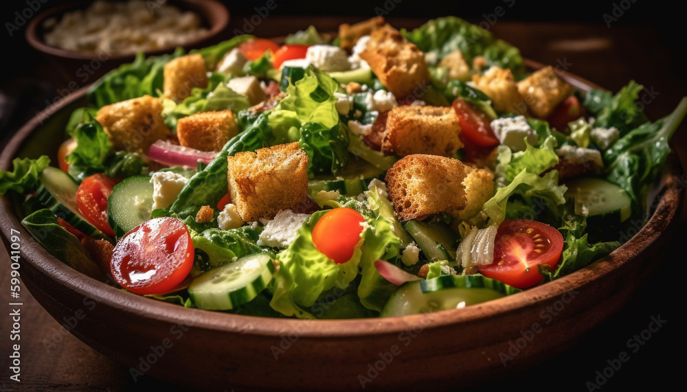 Fresh gourmet Caesar salad in wooden bowl generated by AI Fresh gourmet Caesar salad in wooden bowl generated by AI