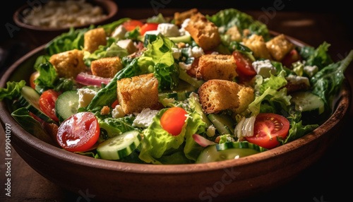 Fresh gourmet Caesar salad in wooden bowl generated by AI