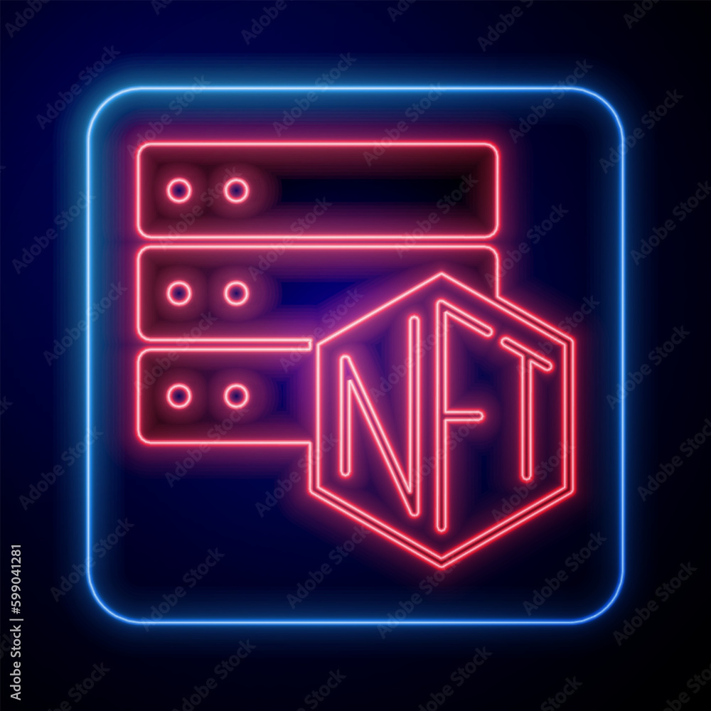 Glowing neon NFT blockchain technology icon isolated on black background. Non fungible token. Digital crypto art concept. Vector