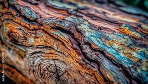 Rough weathered pine tree plank, multi colored striped backdrop generated by AI photo