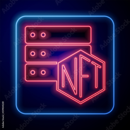 Glowing neon NFT blockchain technology icon isolated on black background. Non fungible token. Digital crypto art concept. Vector