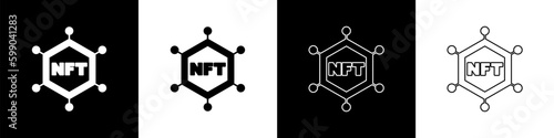 Set NFT blockchain technology icon isolated on black and white background. Non fungible token. Digital crypto art concept. Vector