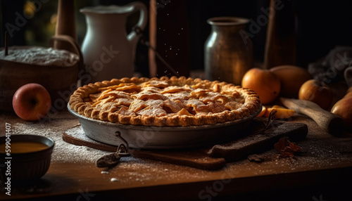 Rustic apple pie on wooden table, ready to eat generated by AI