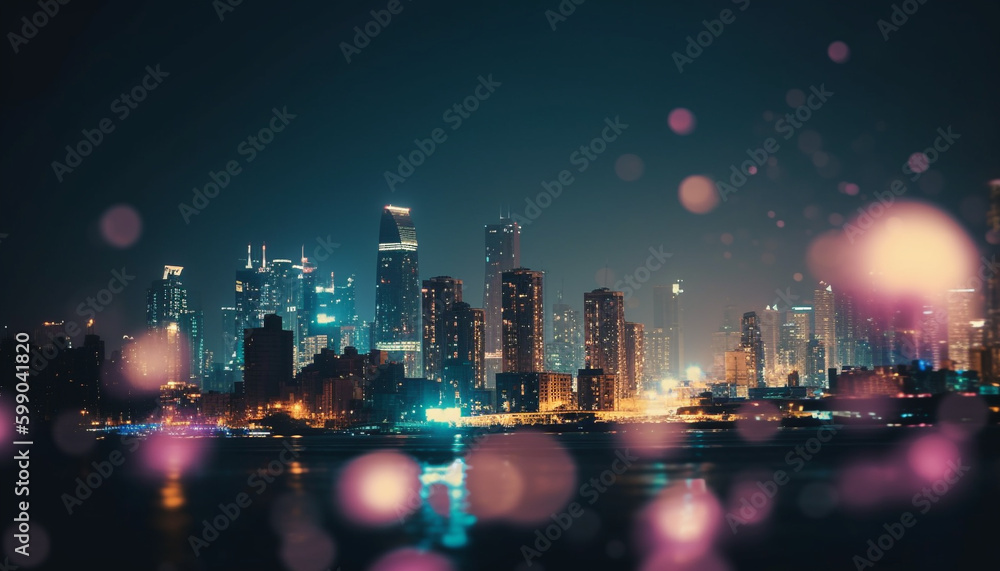 Glowing city skyline reflects on shimmering water generated by AI
