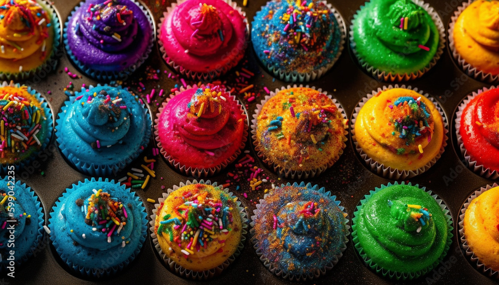 A colorful collection of gourmet cupcakes in rows generated by AI