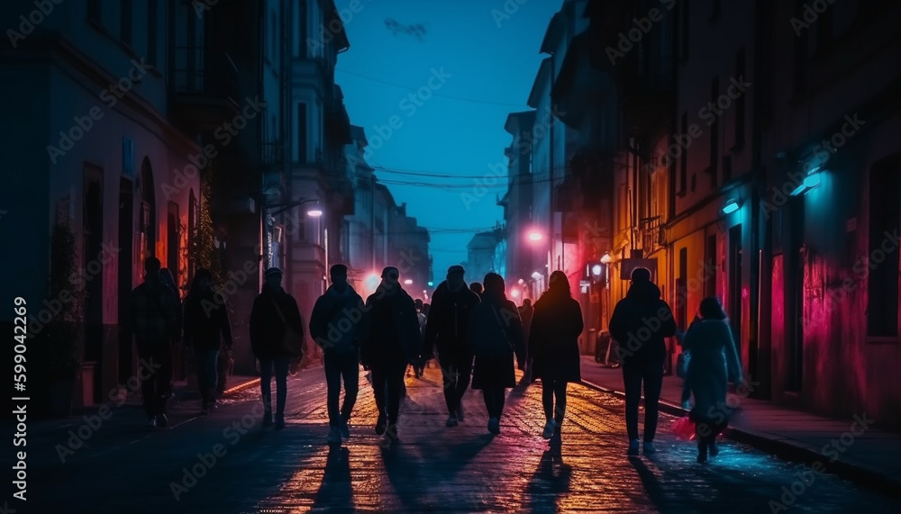 Silhouettes of tourists walking through old town generated by AI