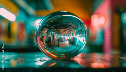 Shiny sphere reflects vibrant city nightlife patterns generated by AI © Jeronimo Ramos