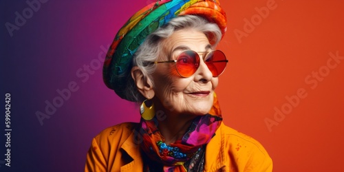 portrait of a cool old women with glasses and hat  crazy colorful lifestyle concept  fictional person created with generative ai