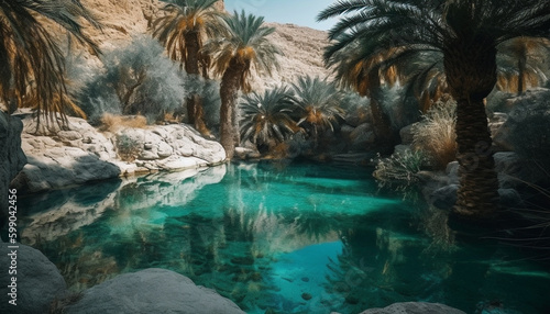 Tranquil scene of palm trees by flowing water generated by AI