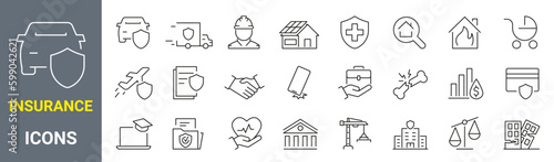 Insurance set of 24 line icons . Health care, risk, help desk. Car accident, travel insurance, flight protection icons. Security document, editable stroke 