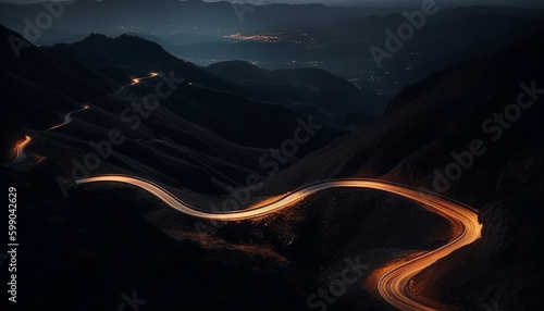 Mountain range curves, car speeds through dusk generated by AI