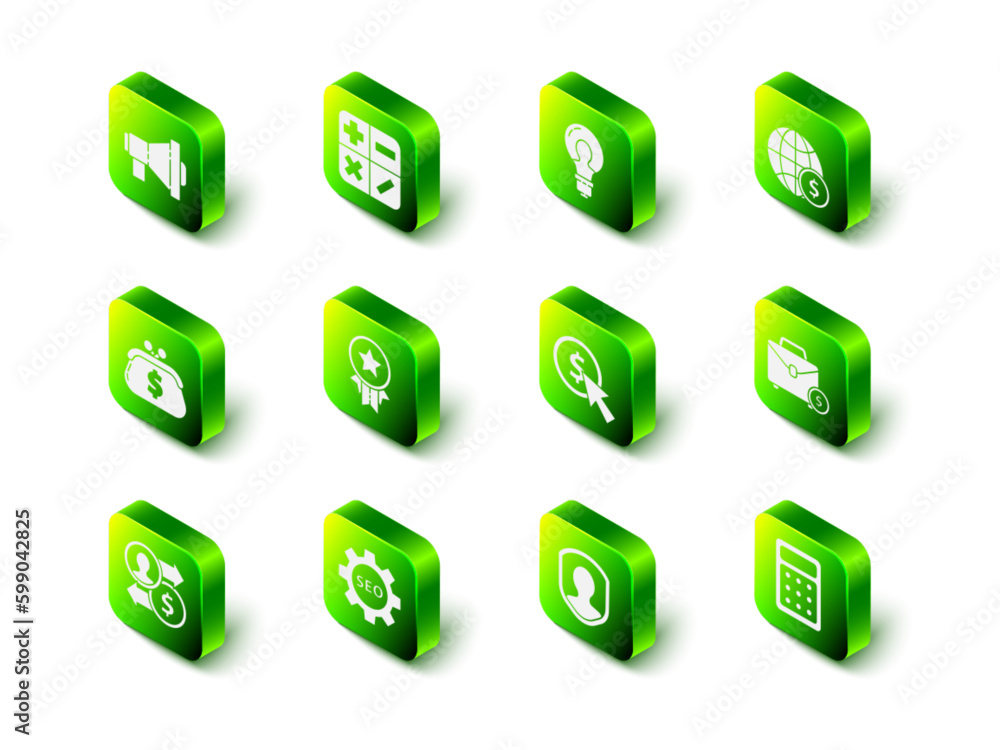 Set Calculator, Light bulb with concept of idea, Earth globe dollar, Briefcase and money, Cursor coin, User protection and Seo tag gear wheel icon. Vector Set Calculator, Light bulb with concept of idea, Earth globe dollar, Briefcase and money, Cursor coin, User protection and Seo tag gear wheel icon. Vector
