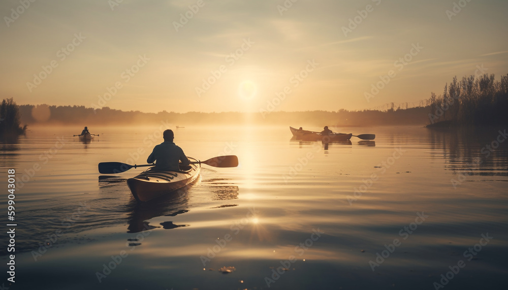 Two people rowing a canoe at sunset generated by AI