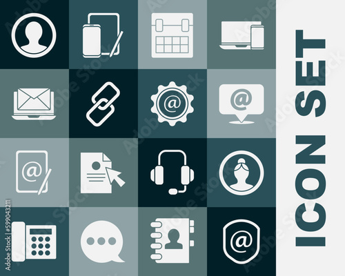 Set Shield with mail and e-mail, Create account screen, Mail, Calendar, Chain link, Laptop envelope, and icon. Vector