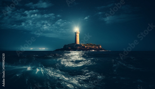Illuminated beacon guides ships through dark seascape generated by AI