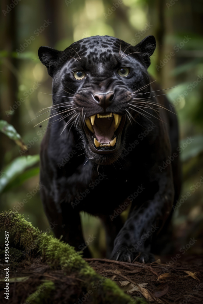 Fototapeta premium Wild black panthera roaring aggressively. Jungle forest running generative ai