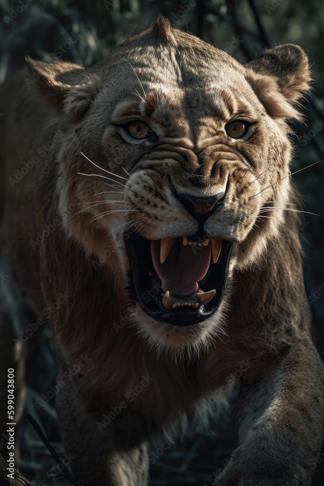Wild lion roaring aggressively. Jungle forest savannah running generative ai Wild lion roaring aggressively. Jungle forest savannah running generative ai