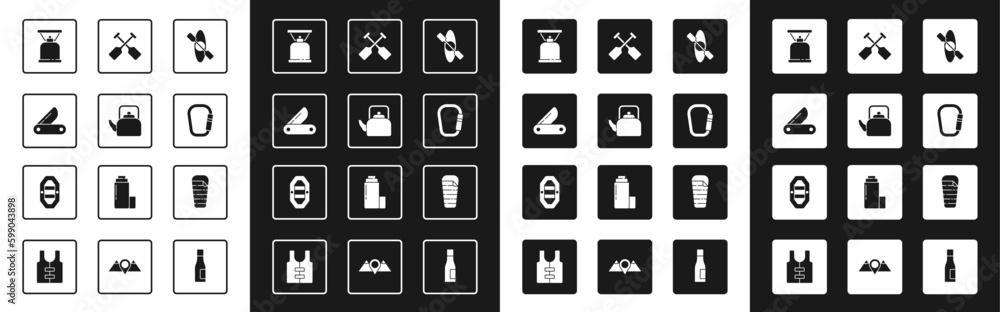 Set Kayak or canoe, Kettle with handle, Swiss army knife, Camping gas stove, Carabiner, Paddle, Sleeping bag and Rafting boat icon. Vector Set Kayak or canoe, Kettle with handle, Swiss army knife, Camping gas stove, Carabiner, Paddle, Sleeping bag and Rafting boat icon. Vector