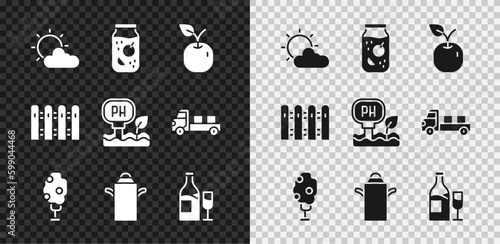 Set Sun and cloud weather, Jam jar, Apple, Tree with apple, Can container for milk, Wine bottle glass, Garden fence wooden and Soil ph testing icon. Vector