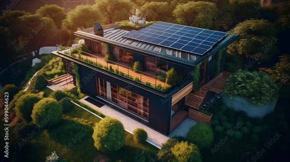 Energy Efficient Home with Solar Panels and Lush Green Roof. Generative ... - Green Luxury Home Solar Energy Solutions